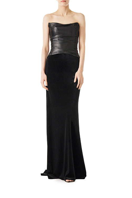 Monique Lhuillier black vegan leather corset shown with our black velvet evening skirt.