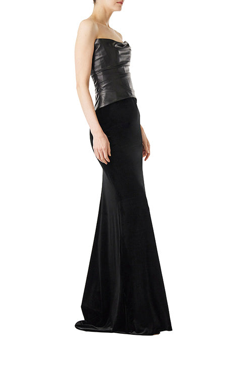 Monique Lhuillier black vegan leather corset shown with our black velvet evening skirt.