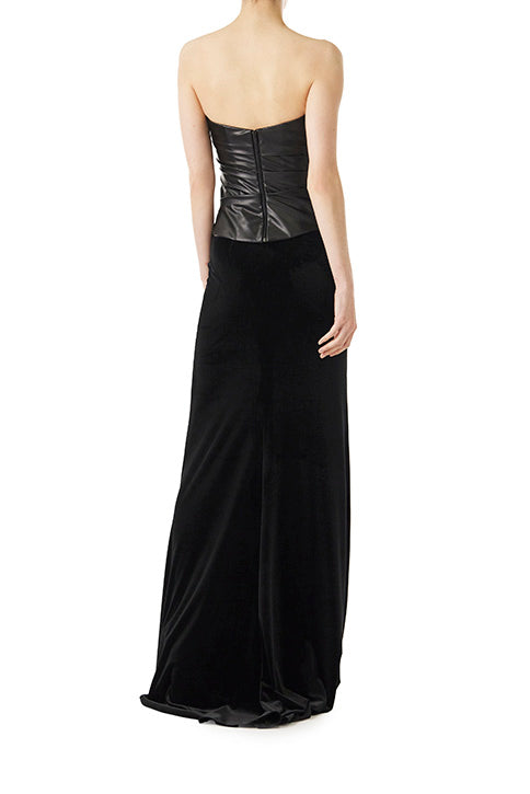 Monique Lhuillier black vegan leather corset shown with our black velvet evening skirt.