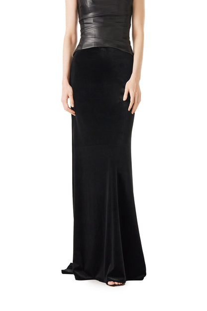 Monique Lhuillier black velvet evening skirt shown with our black vegan leather corset - front.