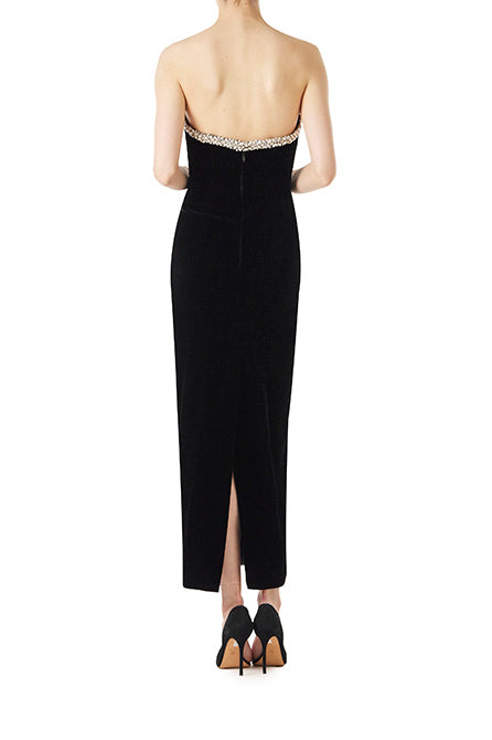 Monique Lhuillier black velvet strapless column dress with crystal embroidery at neckline.