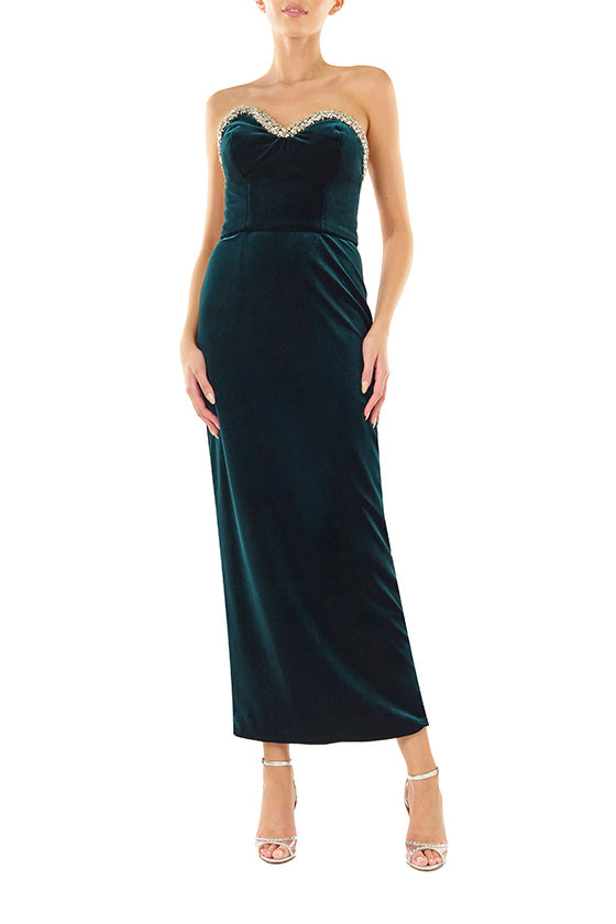 Monique Lhuillier dark teal strapless, tea length column dress with asymmetric bodice and crystal embroidery detail at neckline.