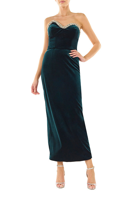 Monique Lhuillier dark teal strapless, tea length column dress with asymmetric bodice and crystal embroidery detail at neckline.