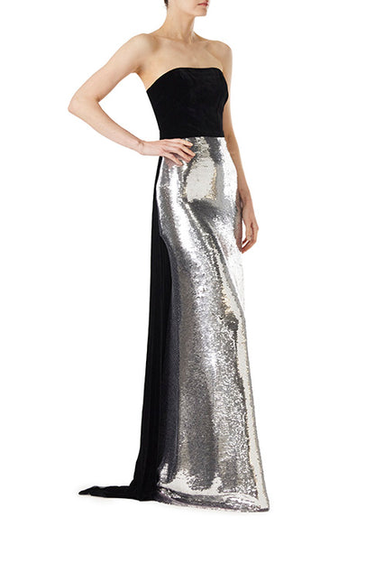 Monique Lhuillier strapless gown in silver sequins and noir velvet.