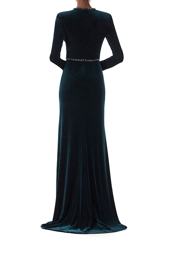 Monique Lhuillier long sleeve gown with deep v-neck and embroidery trim in dark teal velour.