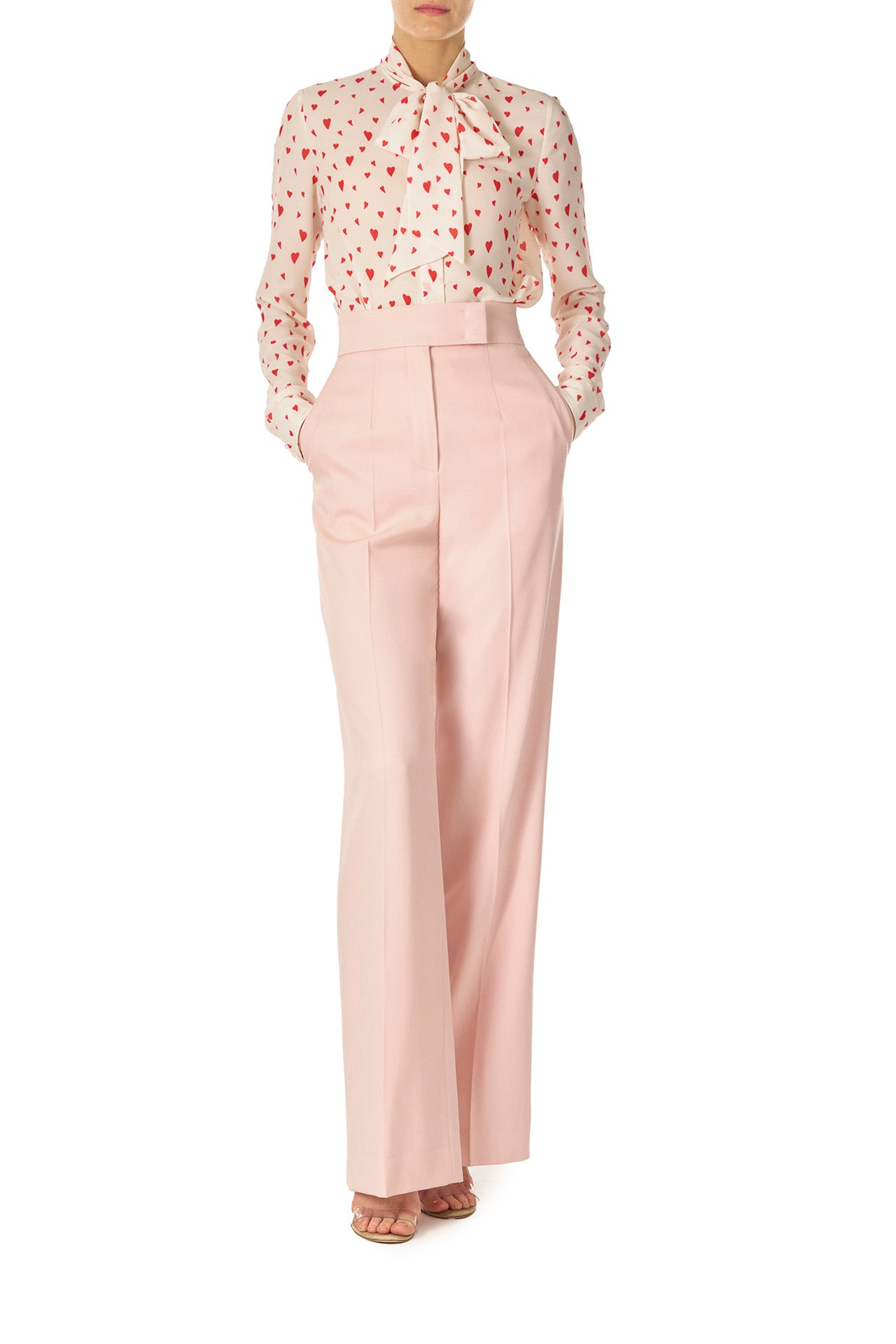 Monique Lhuillier Fall 2024 long sleeve, bow tie blouse in Heart Printed Georgette - front full length.