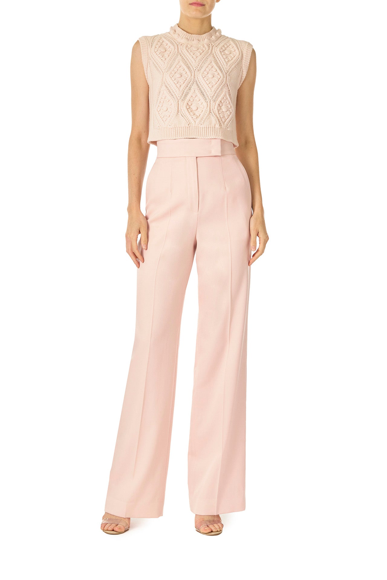 Monique Lhuillier Sleeveless, bobble crop tank in Pale Blush wool cable knit - front.