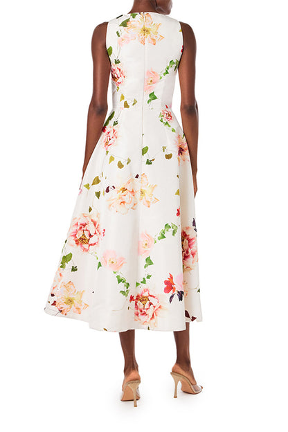 Monique Lhuillier sleeveless midi dress with jewel neckline and pockets in silk white floral printed silk faille.