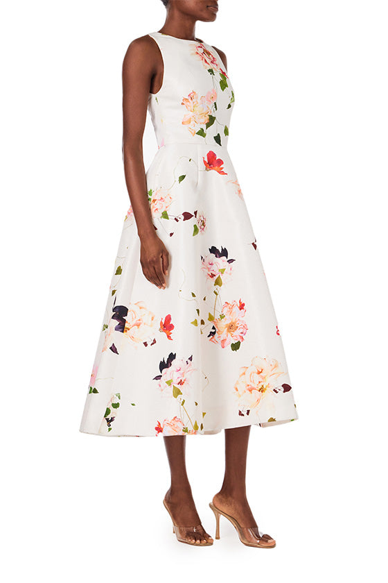 Monique Lhuillier sleeveless midi dress with jewel neckline and pockets in silk white floral printed silk faille.