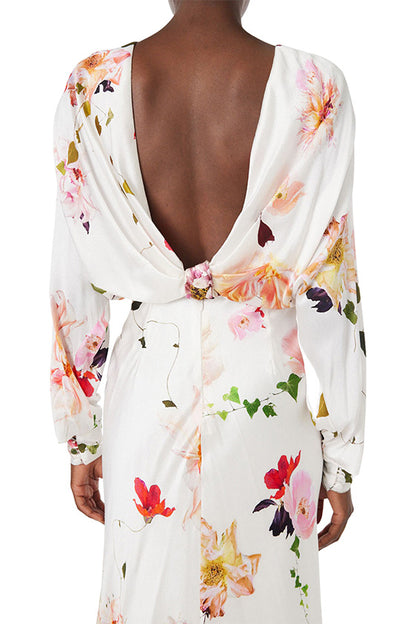 Monique Lhuillier Blouson Long Sleeve Floral Dress in silk white.