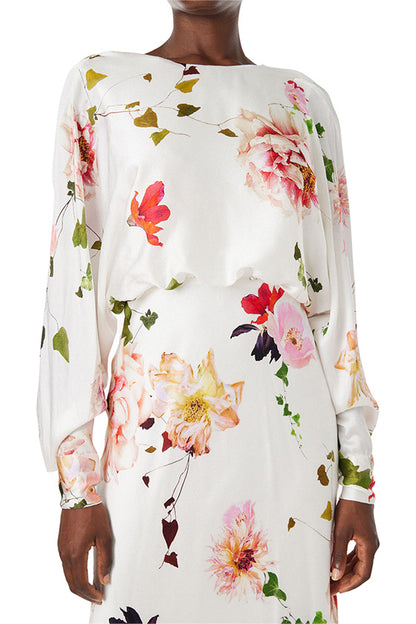 Monique Lhuillier Blouson Long Sleeve Floral Dress in silk white.