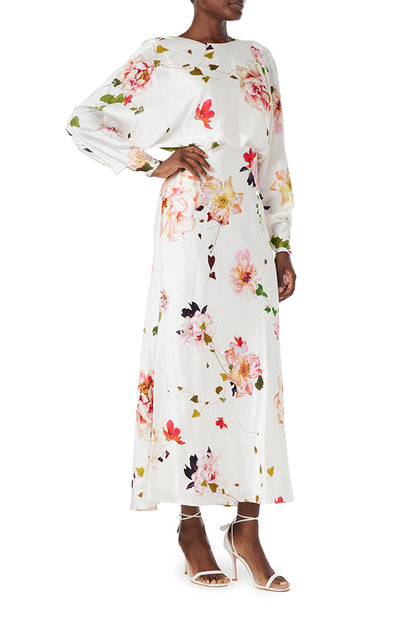 Monique Lhuillier Blouson Long Sleeve Floral Dress in silk white.