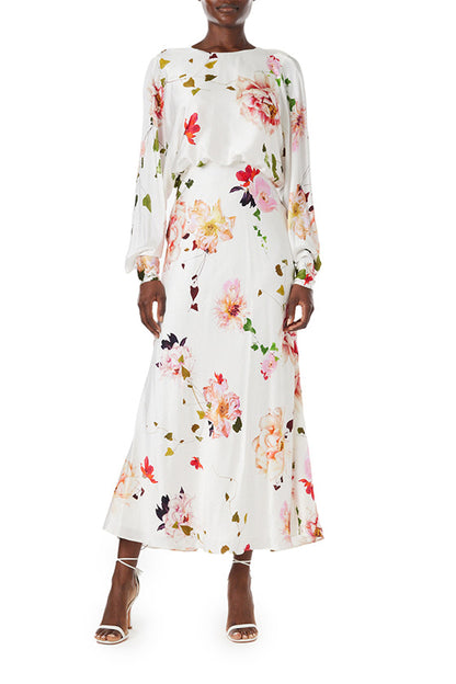 Monique Lhuillier Blouson Long Sleeve Floral Dress in silk white.