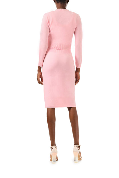 Monique Lhuillier pink cashmere cropped cardigan with gold buttons - back.