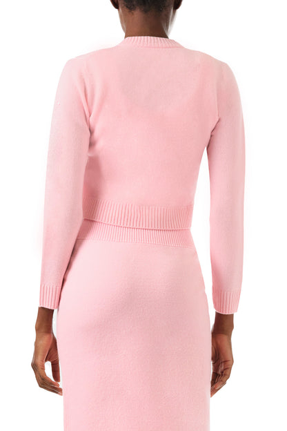 Monique Lhuillier pink cashmere cropped cardigan with gold buttons - back detail.