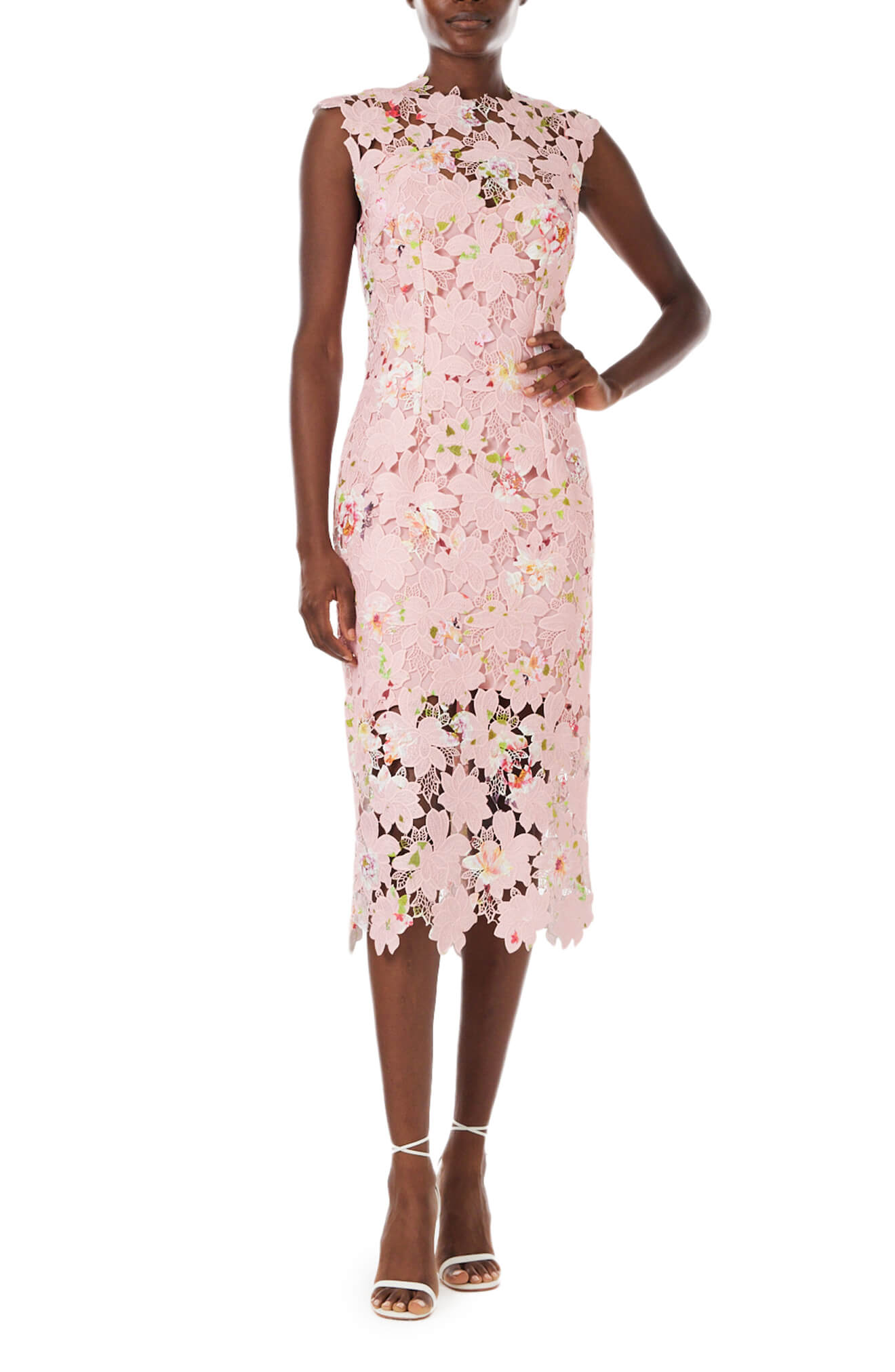 Monique Lhuillier sleeveless, midi length dress in peony pink floral printed lace.