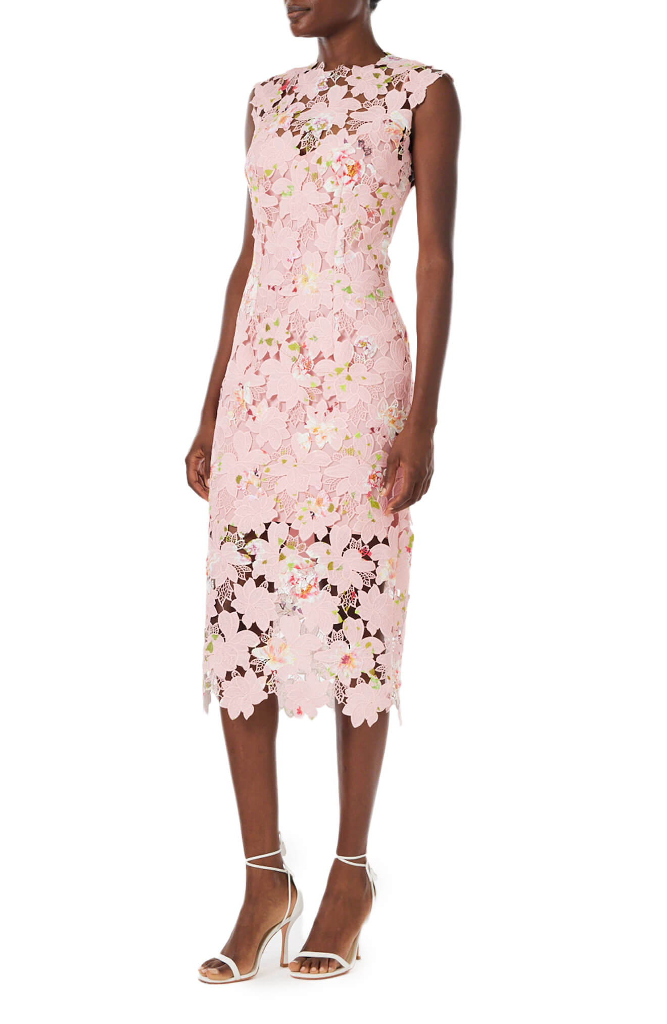 Monique Lhuillier sleeveless, midi length dress in peony pink floral printed lace.