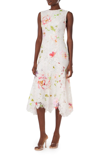 Monique Lhuillier midi dress in silk white lace with floral print.