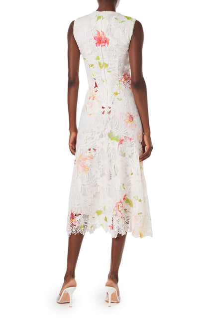 Monique Lhuillier midi dress in silk white lace with floral print.