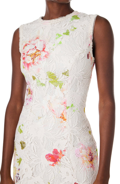 Monique Lhuillier midi dress in silk white lace with floral print.