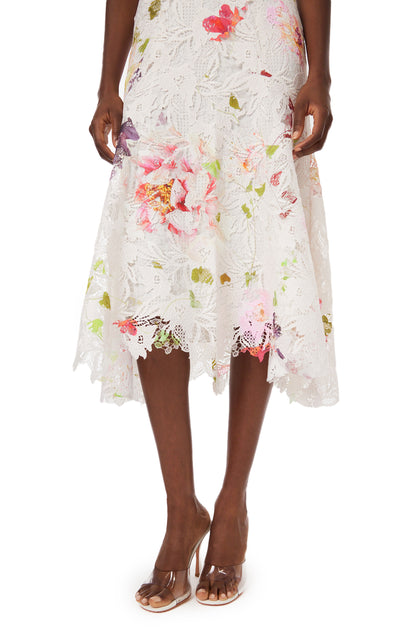 Monique Lhuillier midi dress in silk white lace with floral print.