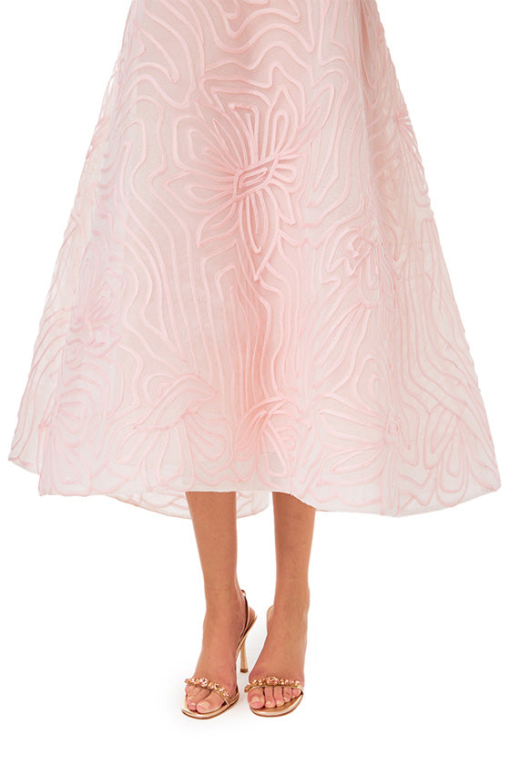 Monique Lhuillier midi length dress with jewel neckline in powder pink embroidery.