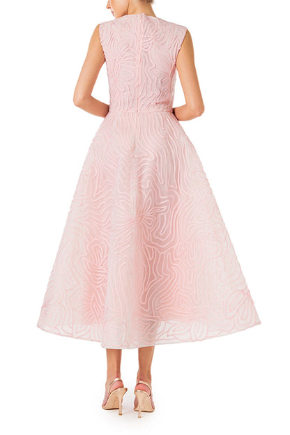 Monique Lhuillier midi length dress with jewel neckline in powder pink embroidery.