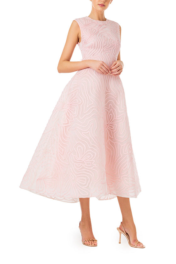 Monique Lhuillier midi length dress with jewel neckline in powder pink embroidery.