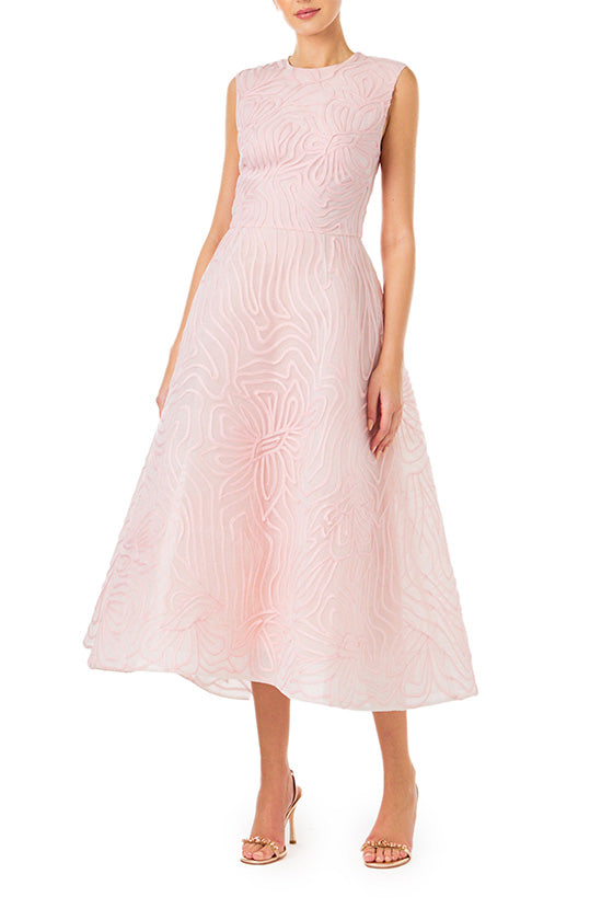 Monique Lhuillier midi length dress with jewel neckline in powder pink embroidery.