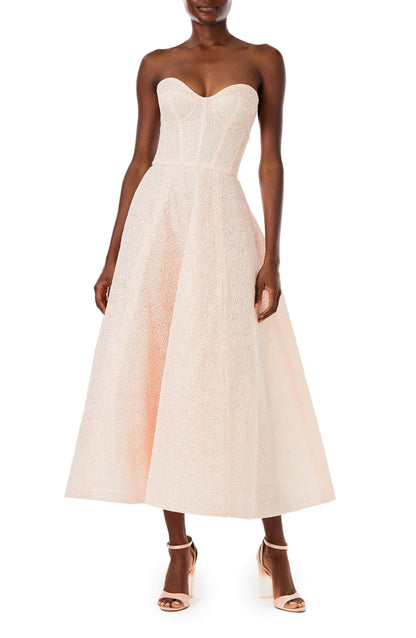 Monique Lhuillier midi length, strapless cocktail dress in powder pink embroidery.