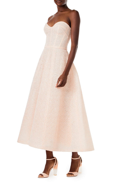 Monique Lhuillier midi length, strapless cocktail dress in powder pink embroidery.