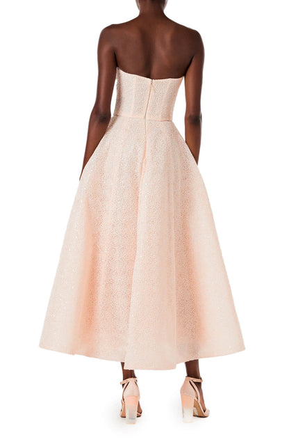 Monique Lhuillier midi length, strapless cocktail dress in powder pink embroidery.