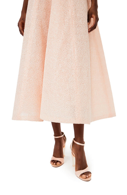 Monique Lhuillier midi length, strapless cocktail dress in powder pink embroidery.