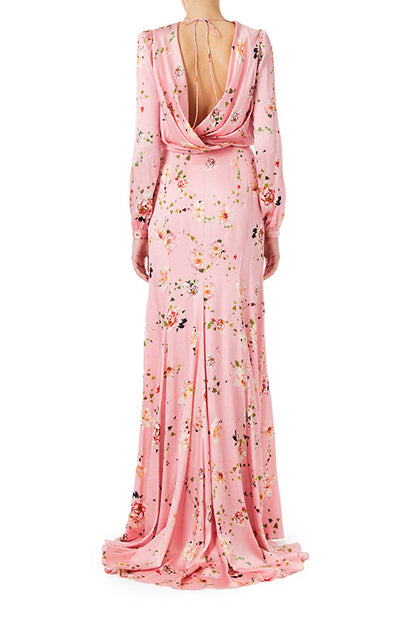 Monique Lhuillier peony floral long sleeve gown with keyhole bodice and draped back.