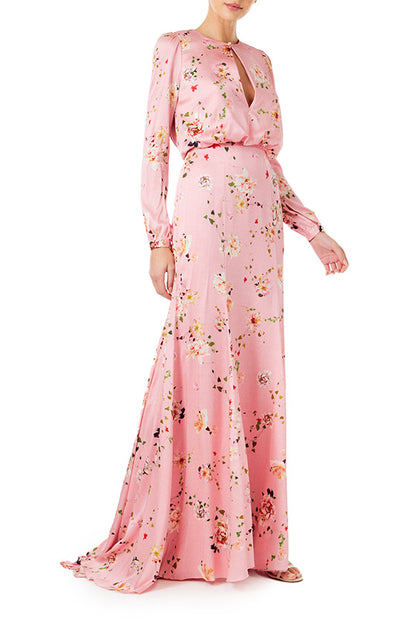 Monique Lhuillier peony floral long sleeve gown with keyhole bodice and draped back.