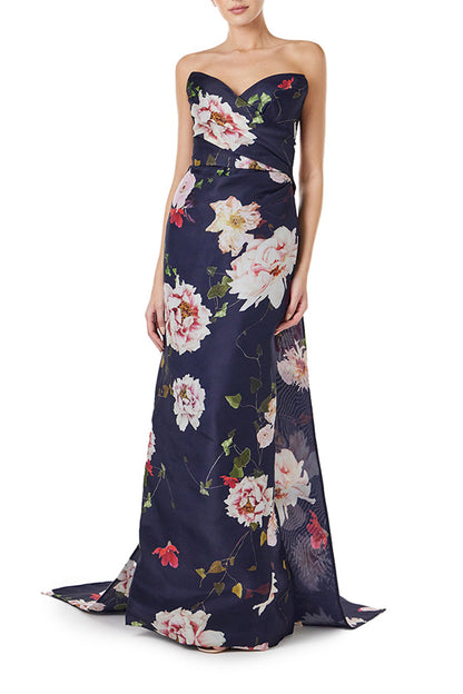 Monique Lhuillier navy floral gazar gown with strapless, sweetheart neckline and train.