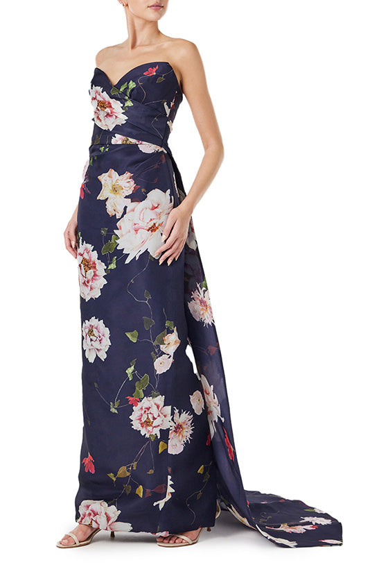 Monique Lhuillier navy floral gazar gown with strapless, sweetheart neckline and train.