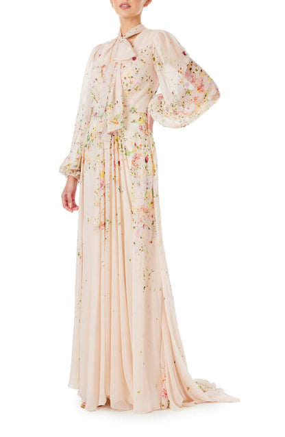 Monique Lhuillier long sleeve gown with attached necktie and gathered waist in buff floral printed chiffon.