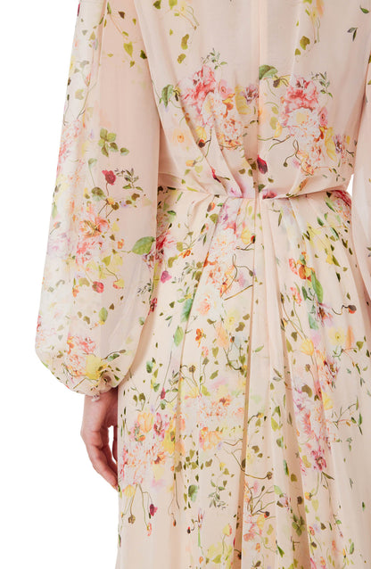 Monique Lhuillier long sleeve gown with attached necktie and gathered waist in buff floral printed chiffon.