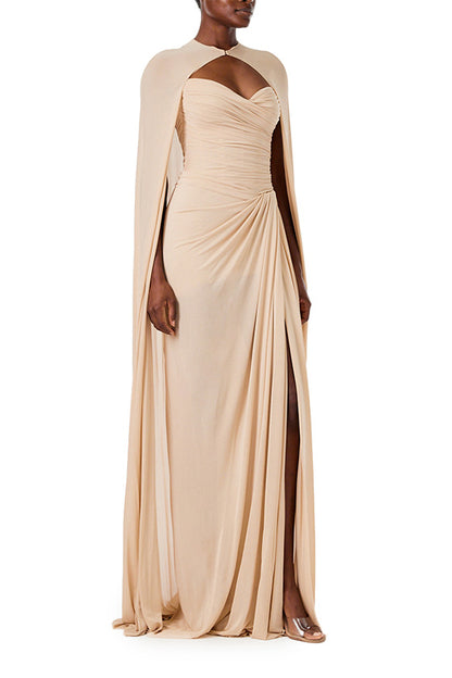 Monique Lhuillier floor length cape in sand colored matte jersey fabric.