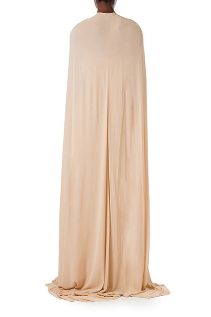 Monique Lhuillier floor length cape in sand colored matte jersey fabric.