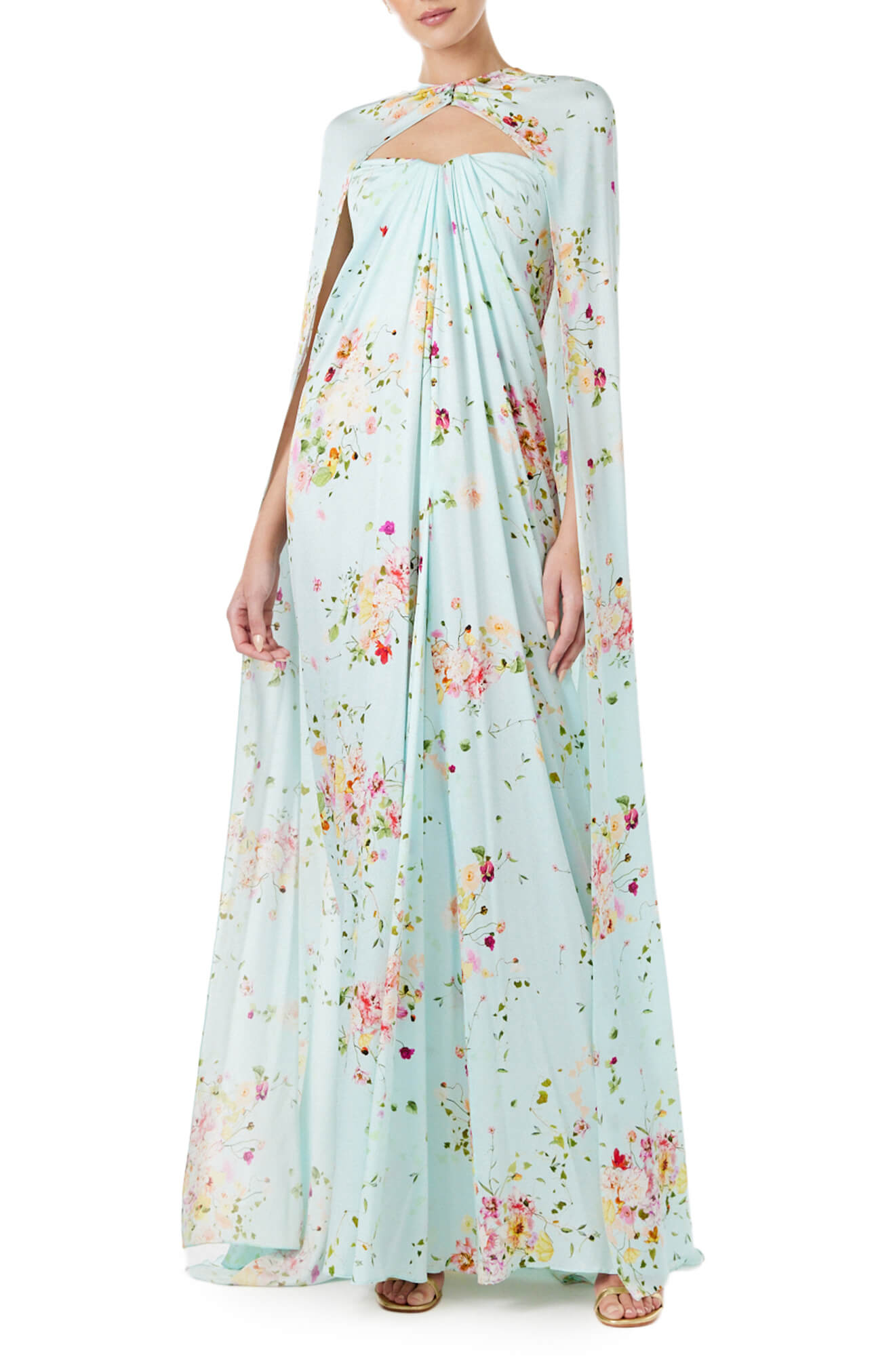 Monique Lhuillier strapless draped gown and cape in pistachio floral print fabric.