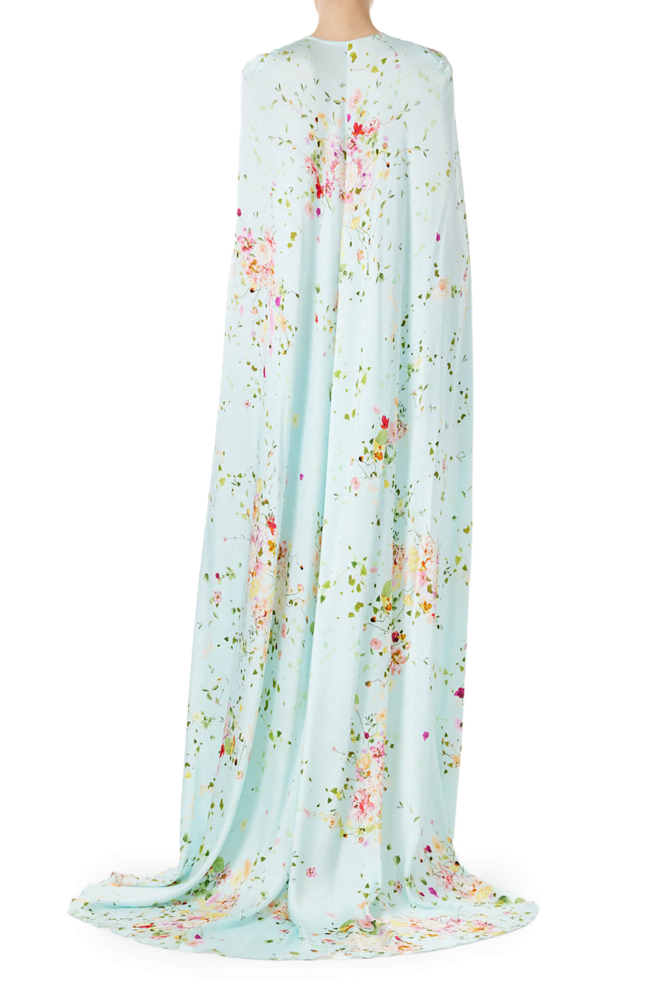 Monique Lhuillier strapless draped gown and cape in pistachio floral print fabric.