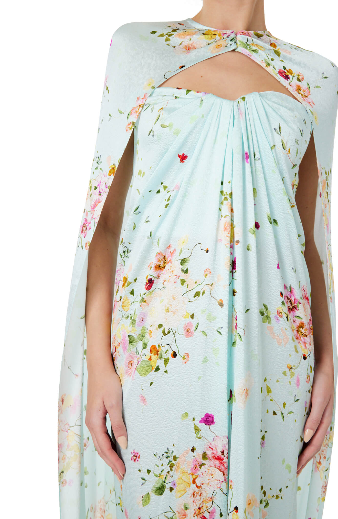 Monique Lhuillier strapless draped gown and cape in pistachio floral print fabric.