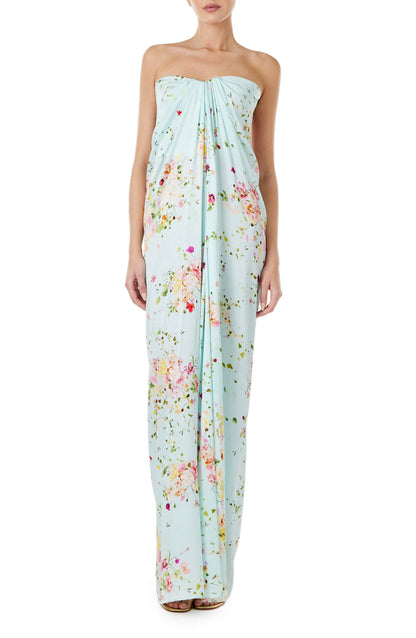 Monique Lhuillier strapless draped gown in pistachio floral print fabric.