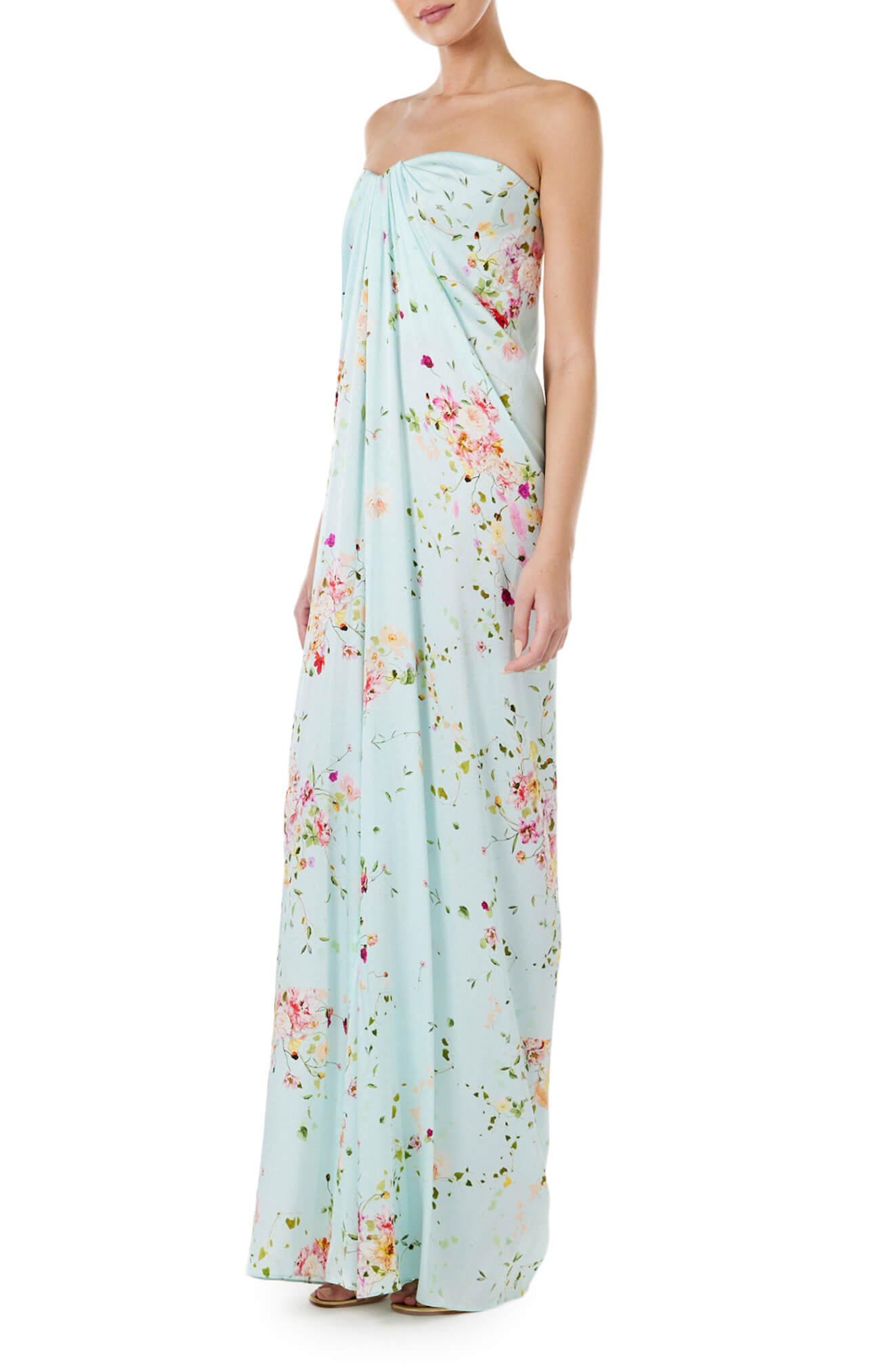 Monique Lhuillier strapless draped gown in pistachio floral print fabric.