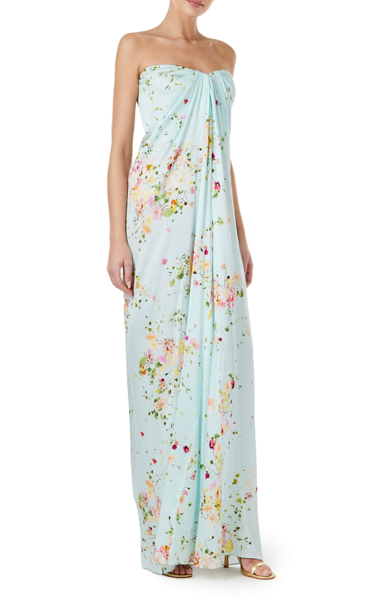 Monique Lhuillier strapless draped gown in pistachio floral print fabric.