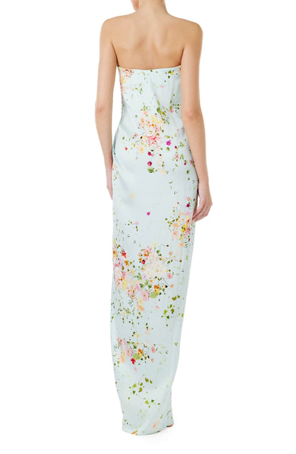 Monique Lhuillier strapless draped gown in pistachio floral print fabric.