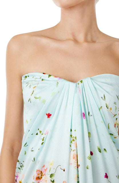 Monique Lhuillier strapless draped gown in pistachio floral print fabric.