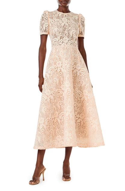 Monique Lhuillier short sleeve, midi length dress in blush creme lace.